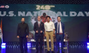 [L-R] Actor Kamal Haasan, U.S. Ambassador to India Eric Garcetti, Tamil Nadu Minister for School Education Anbil Mahesh Poyyamozhi, and U.S. Consul General in Chennai Chris Hodges celebrate the 248th anniversary of U.S. National Day in Chennai on Thursday, July 18, 2024.